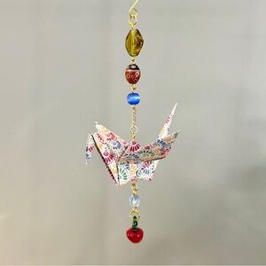 Origami Ornament #2367 - Medium Crane with Glass Beads